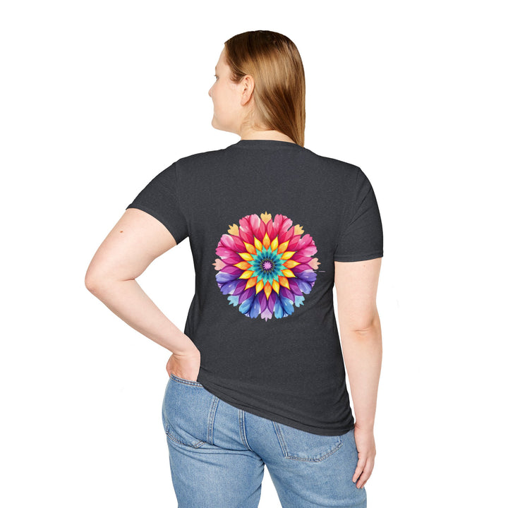 Beautiful black t-shirt with a colorful floral mandala and inspiring quote design