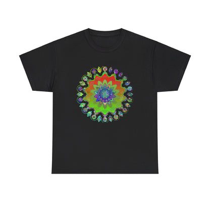 Colorful mandala art design on soft, comfortable unisex heavy cotton t-shirt, perfect for yoga and mindfulness practices