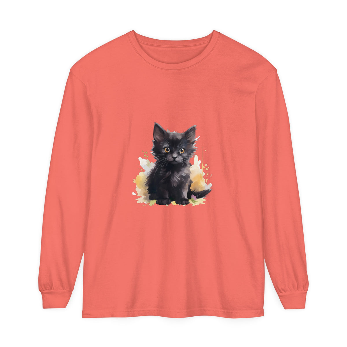 Black Kitten Watercolor Splash T-Shirt featuring a playful kitten in vibrant watercolor design on a black background