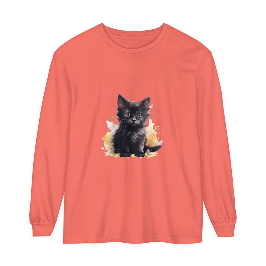 Black Kitten Watercolor Splash T-Shirt featuring a playful kitten in vibrant watercolor design on a black background