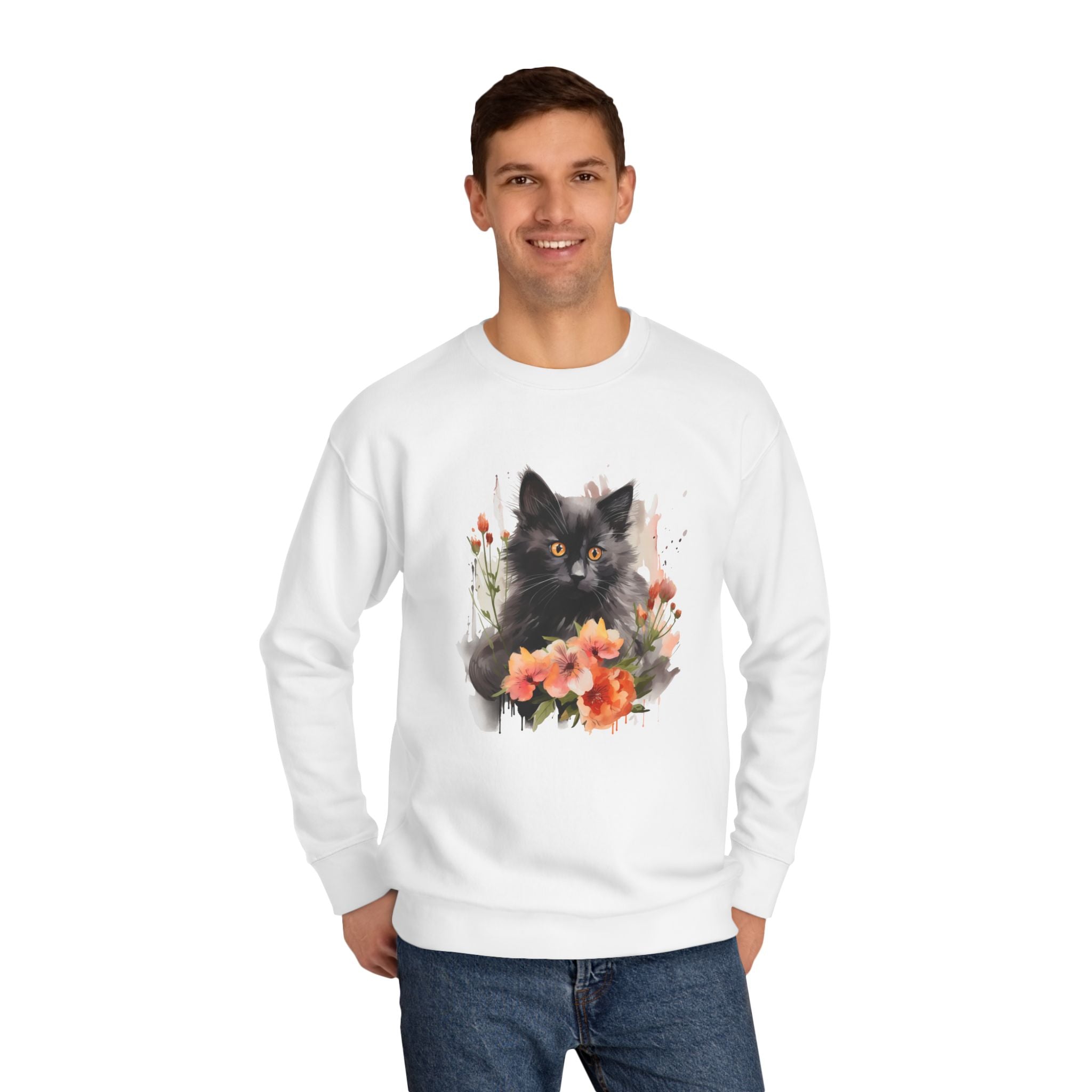 Black Cat and Blossoming Flowers Soft Cotton Sweatshirt