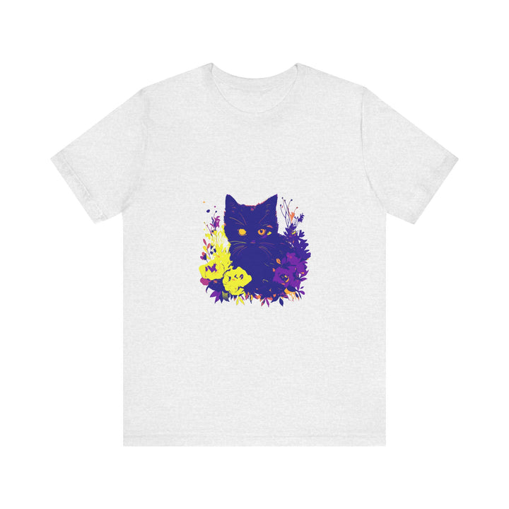 Black Cat Mystery Neon Flower T-Shirt featuring vibrant floral design on black background