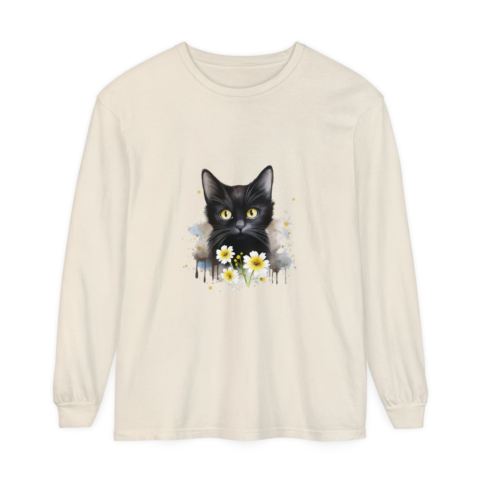 Black Cat Watercolor Floral Unisex T-Shirt featuring a beautiful hand-painted cat surrounded by vibrant flowers on a comfortable, gender-neutral t-shirt