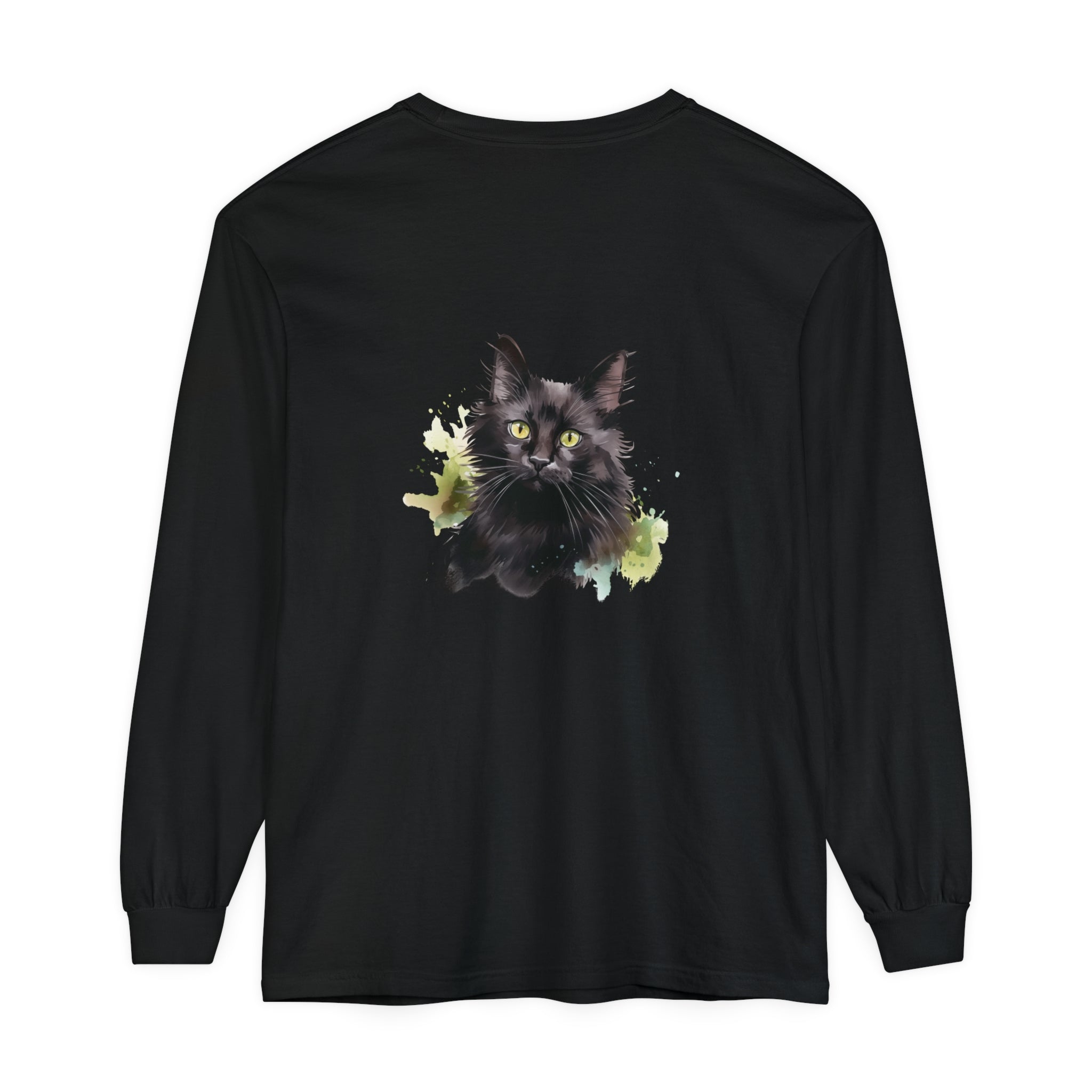 Black Cat Watercolor Splash Long Sleeve T-Shirt, a stylish and artistic design for cat lovers