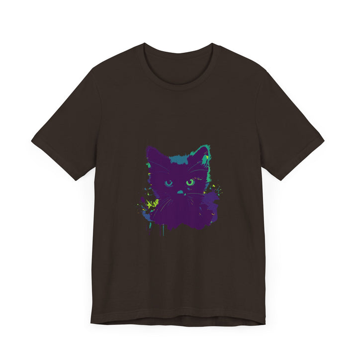 A close-up image of a Black Cat Mystery Watercolor T-Shirt, featuring a vibrant and intricate watercolor design of a mysterious black cat on a high-quality, comfortable black shirt