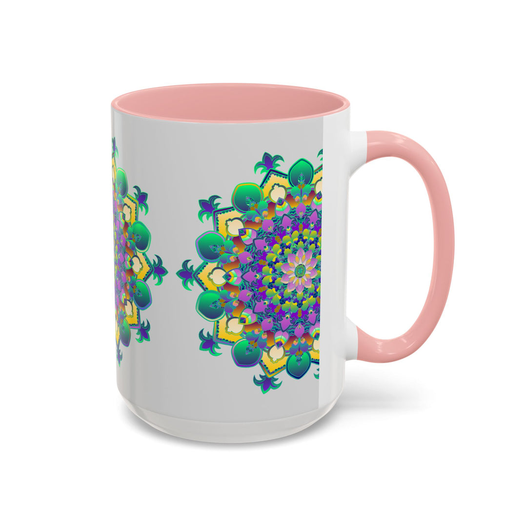 Gorgeous mandala art printed on a light grey ceramic mug