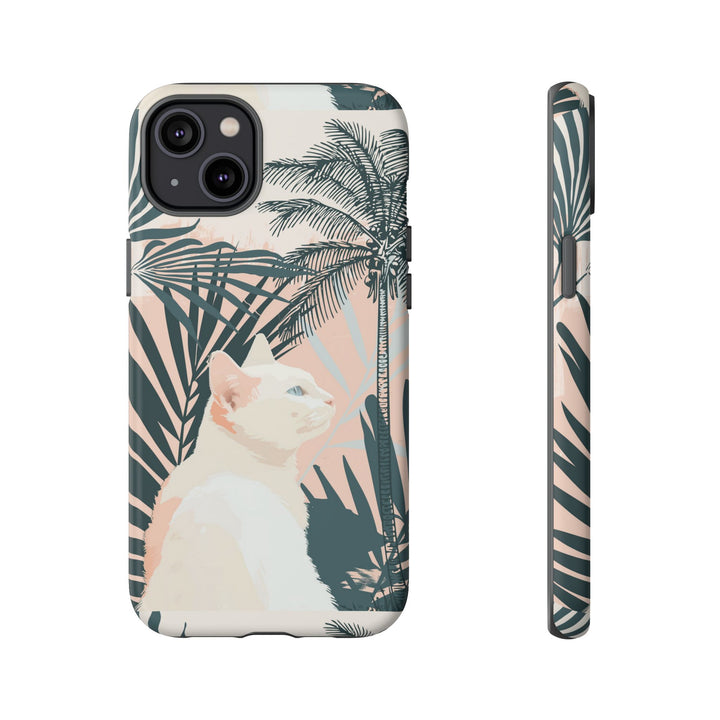 Tropische Katzen-Telefonhülle mit üppigen Palmenmotiven und sanften Pastelltönen