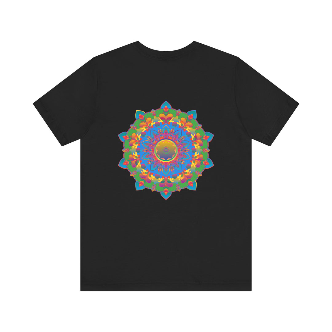 A colorful mandala tee featuring intricate spiritual designs for peace and harmony