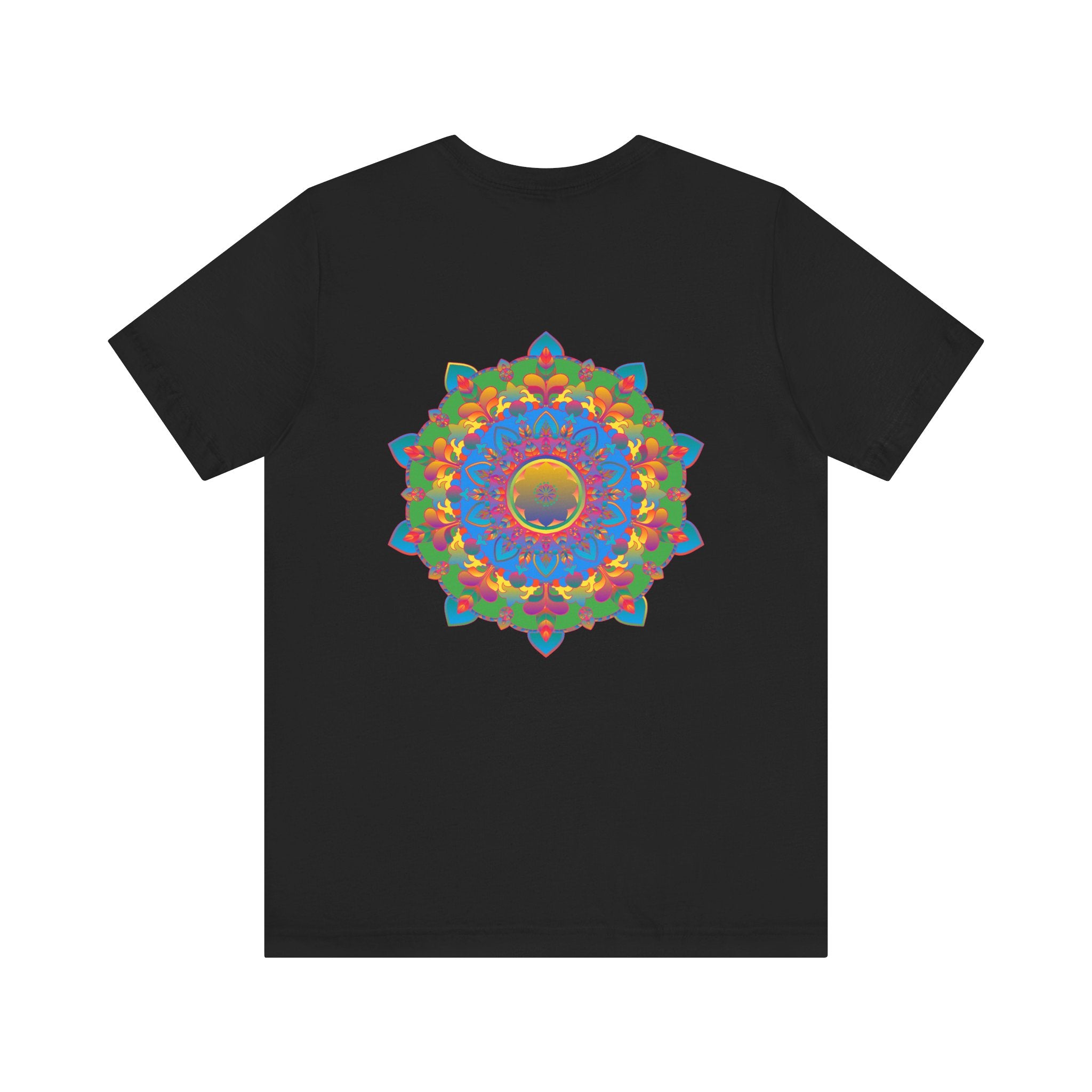 A colorful mandala tee featuring intricate spiritual designs for peace and harmony