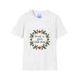 White t-shirt with a colorful floral garland design and the text 'Breathe in Peace Exhale Stress'