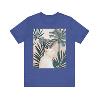 Adorable cat tee with a cute white kitty and palm leaf print