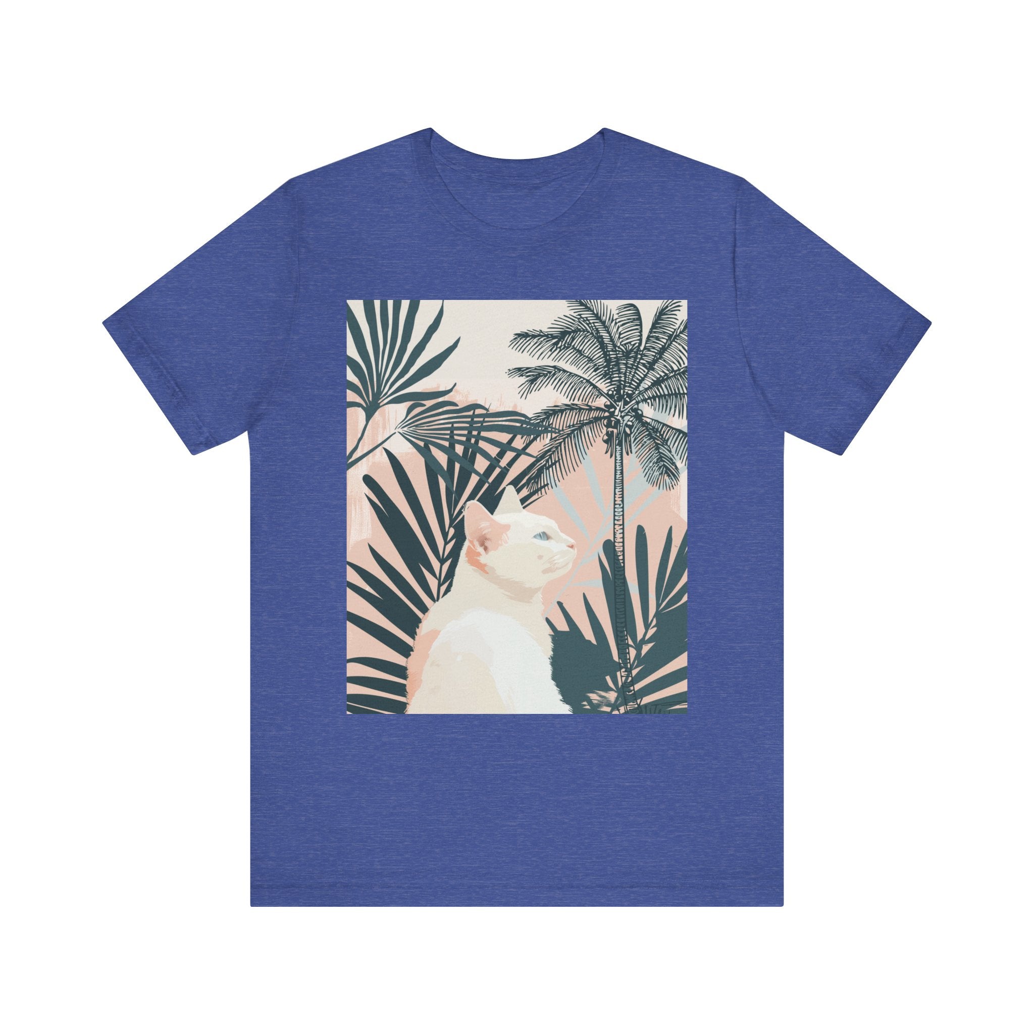 Adorable cat tee with a cute white kitty and palm leaf print