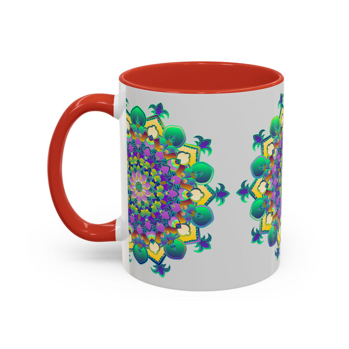 Beautiful light grey mug with intricate vibrant mandala art design