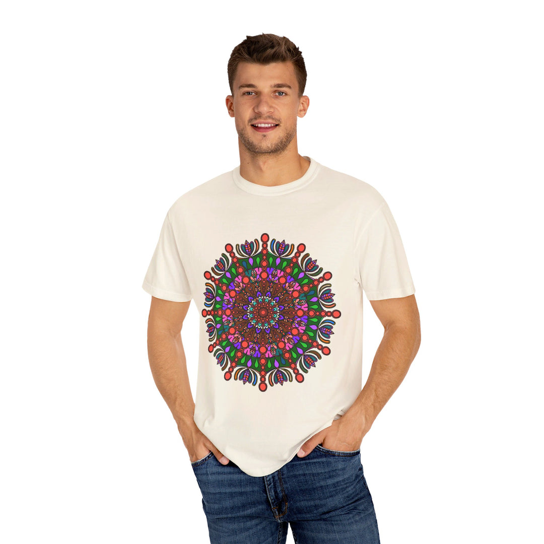 Colorful Unisex Mandala T-Shirt made from 100% Ring-Spun Cotton, featuring Hand-Drawn Mandala Art and Garment-Dyed for Extra Comfort