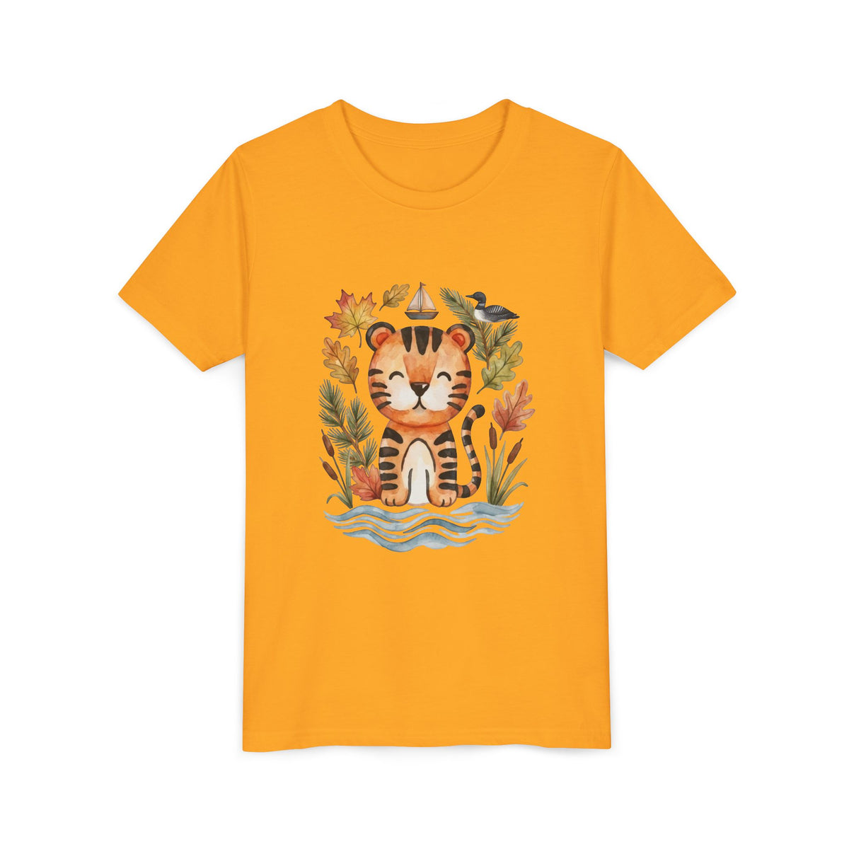 Kids Tiger Lake Ontario Tee — Watercolor Autumn Sailboat & Leaves Youth Short Sleeve Tee