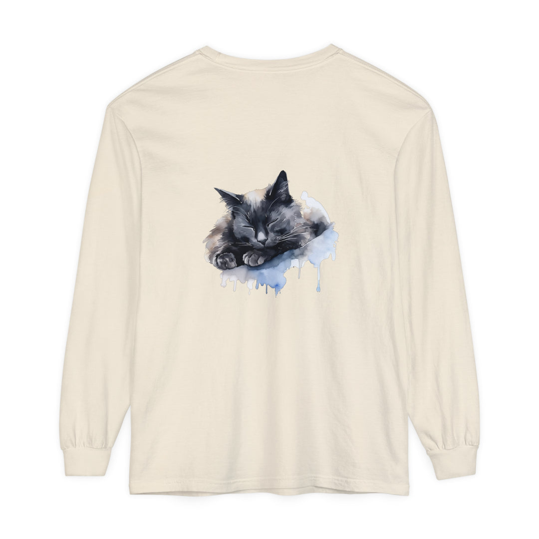 A watercolor painting of a peaceful sleeping cat on a t-shirt