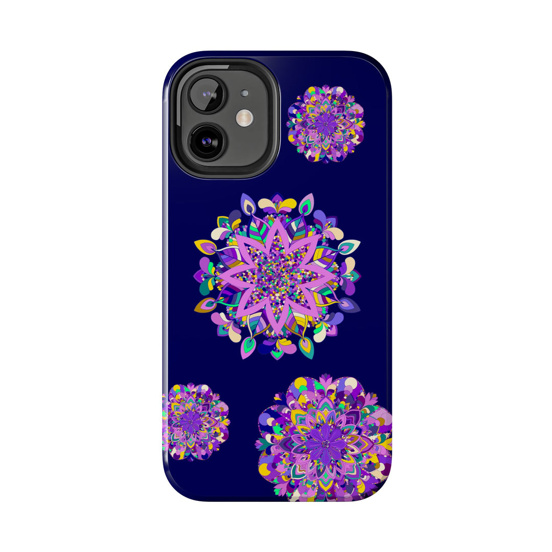 Hand drawn mandala art phone case in shades of purple, known for its durability and shock absorption, providing stylish protection for your device