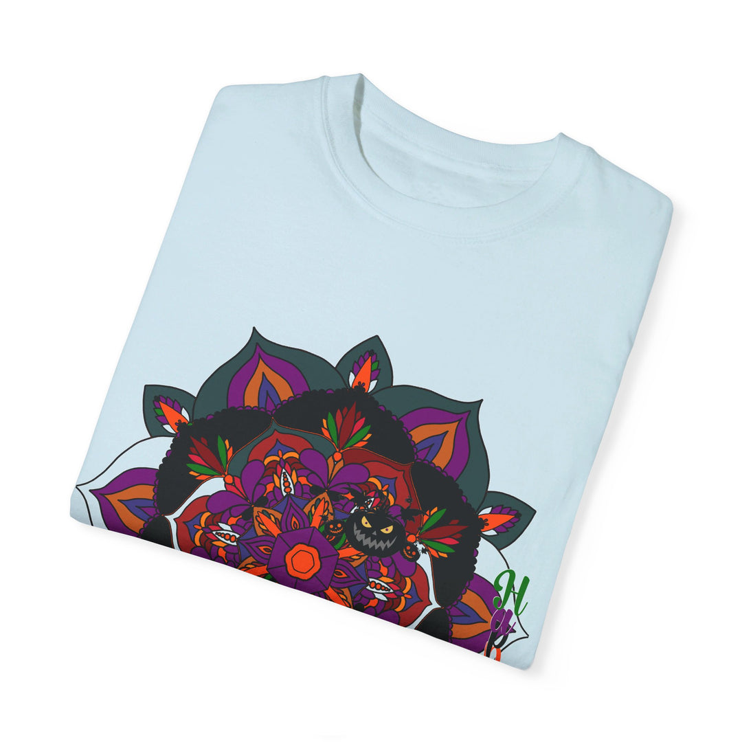 Handmade unisex Halloween Mandala T-shirt featuring intricate pumpkin mandala art and garment-dyed tee for a unique and stylish look