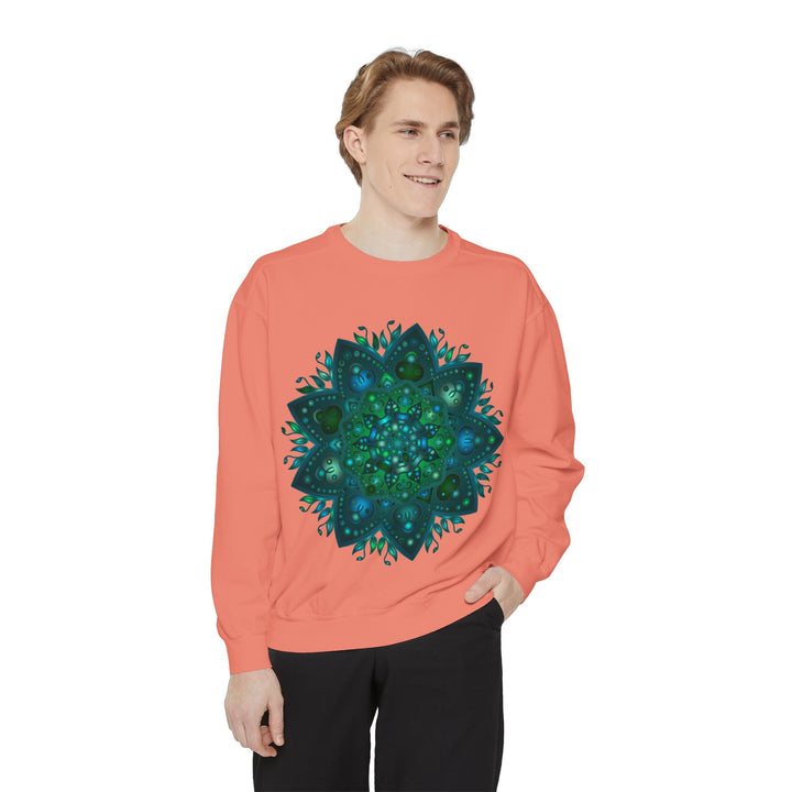 Teal and Blue Mandala Sweatshirt with Intricate Design and Detailed Patterns