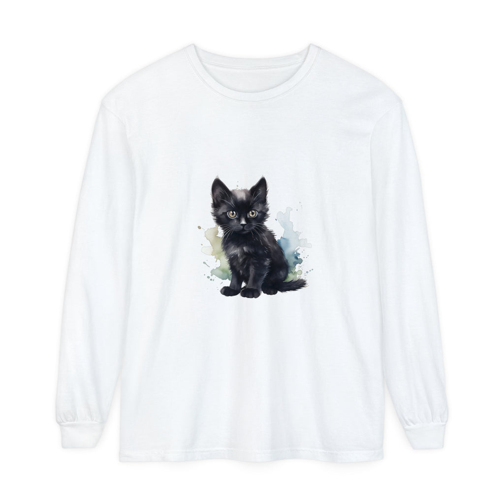 Long sleeve black kitten watercolor design t-shirt, perfect for cat lovers