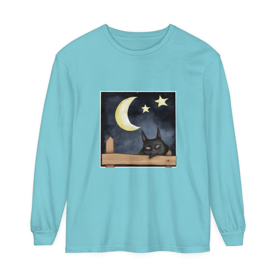 A black t-shirt with a sleepy cat design under a starry night sky