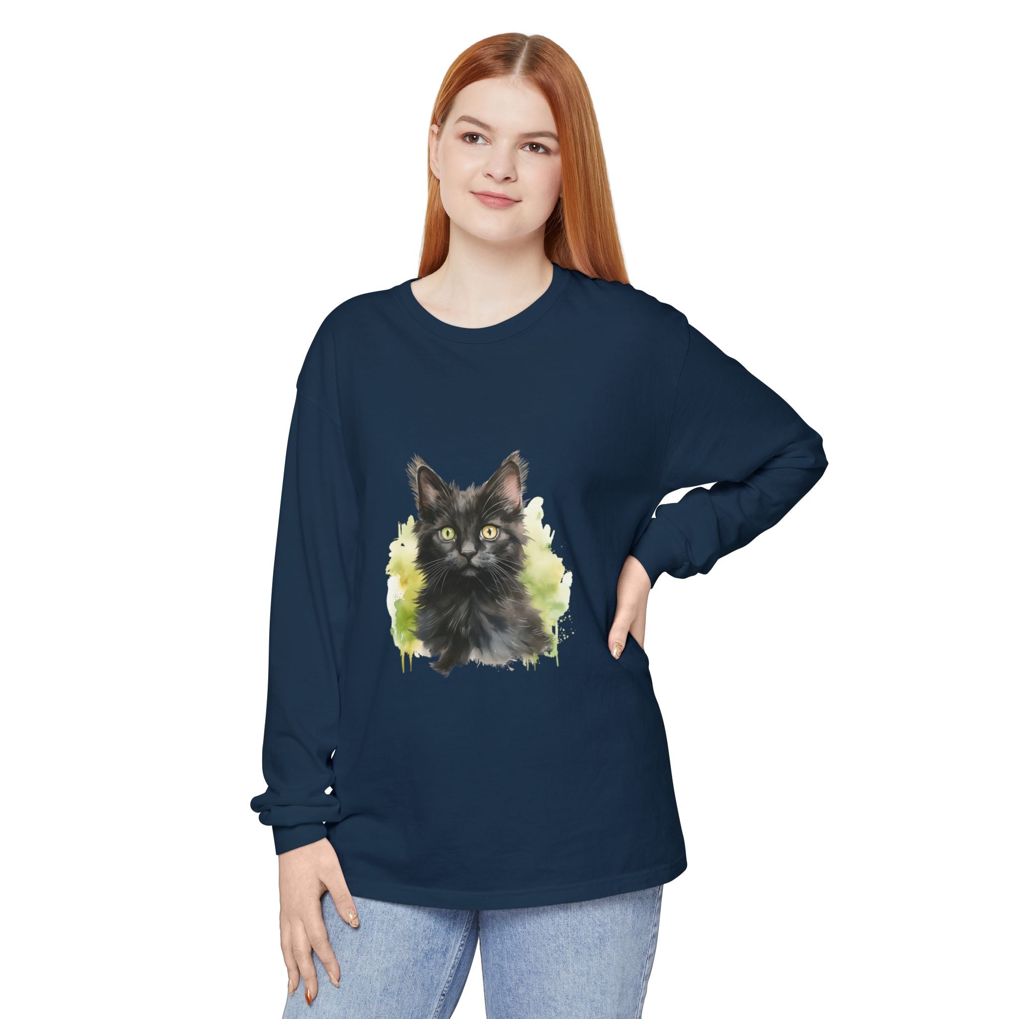 Maglietta a maniche lunghe | Gattino nero ad acquerello