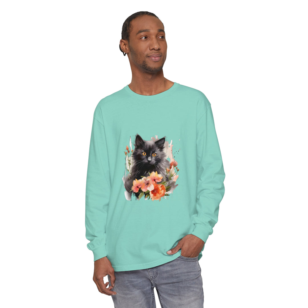 Beautiful watercolor t-shirt featuring a black cat surrounded by vibrant flowers