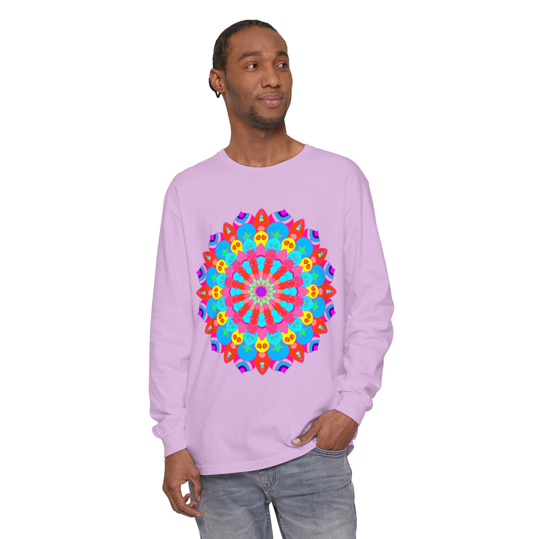 Vibrant and intricate mandala design on a long sleeve unisex t-shirt