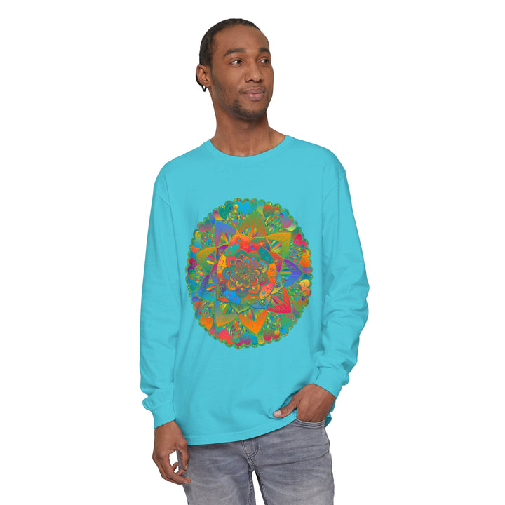 Colorful and detailed mandala design on a unisex long sleeve t-shirt