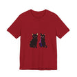 Close-up of a black cat mystery t-shirt, featuring elegant and colorful design with intricate details and vibrant hues, perfect for adding a touch of mystery and style to your wardrobe