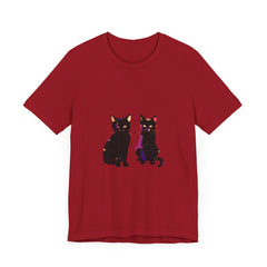 Close-up of a black cat mystery t-shirt, featuring elegant and colorful design with intricate details and vibrant hues, perfect for adding a touch of mystery and style to your wardrobe
