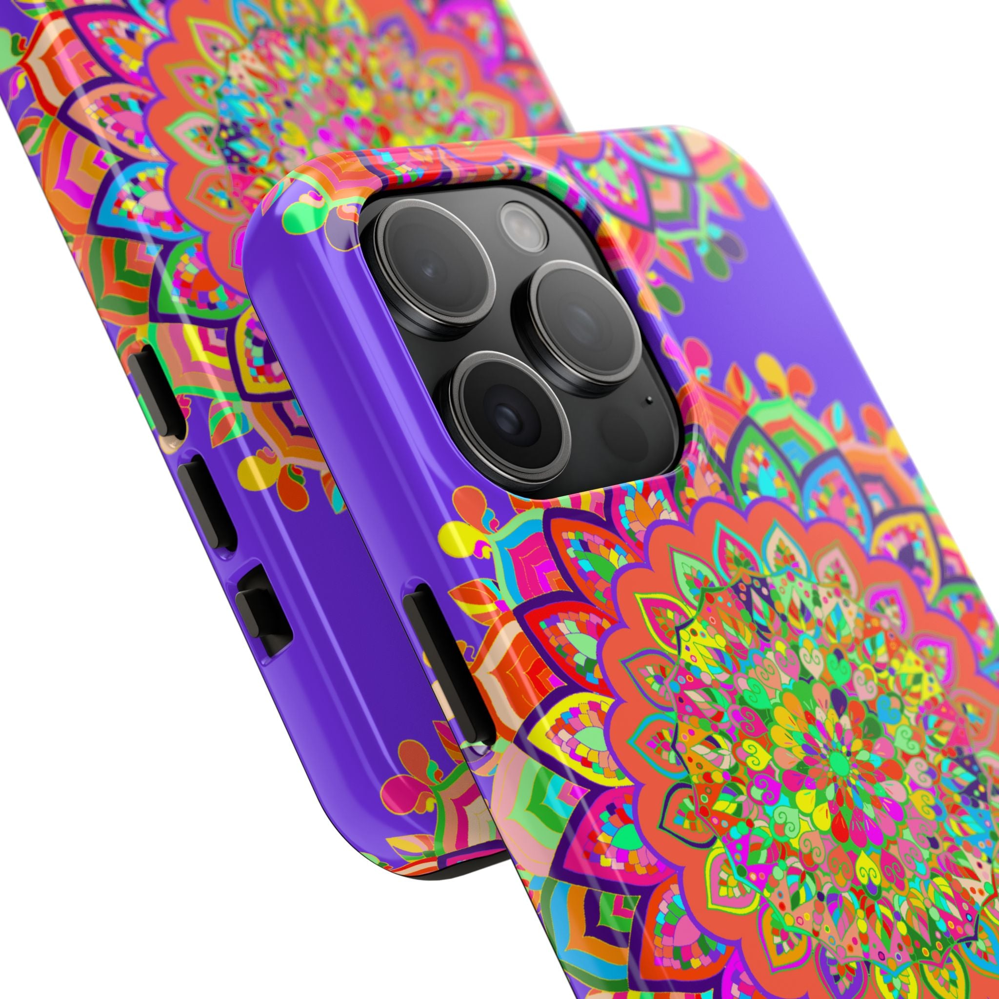 Hand drawn purple Mandala Art phone case with intricate floral design