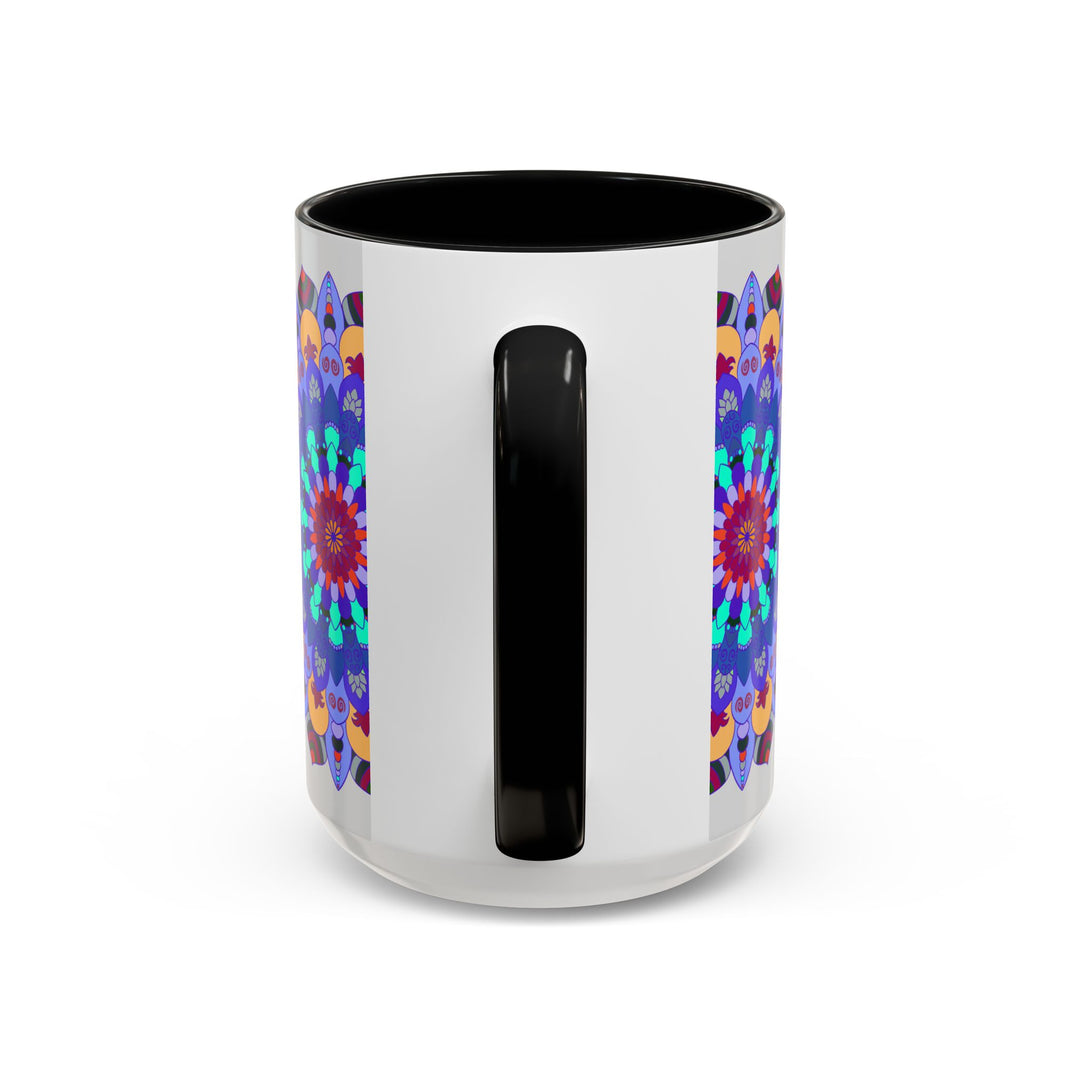 Colorful and symmetrical mandala art mug with intricate designs and vibrant colors