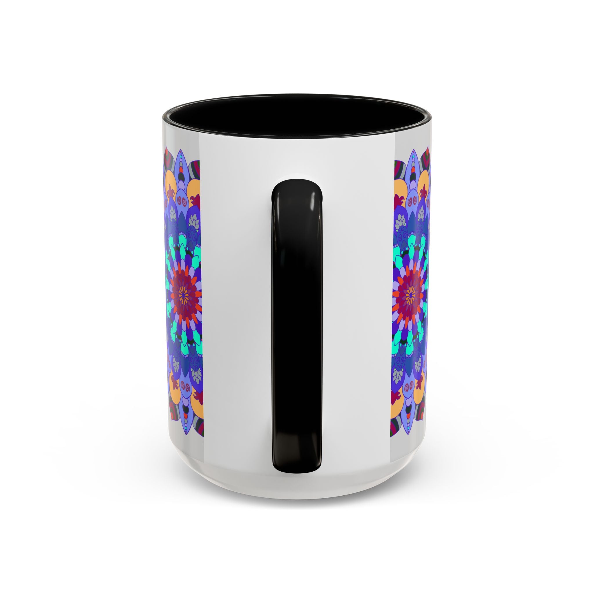 Colorful and symmetrical mandala art mug with intricate designs and vibrant colors