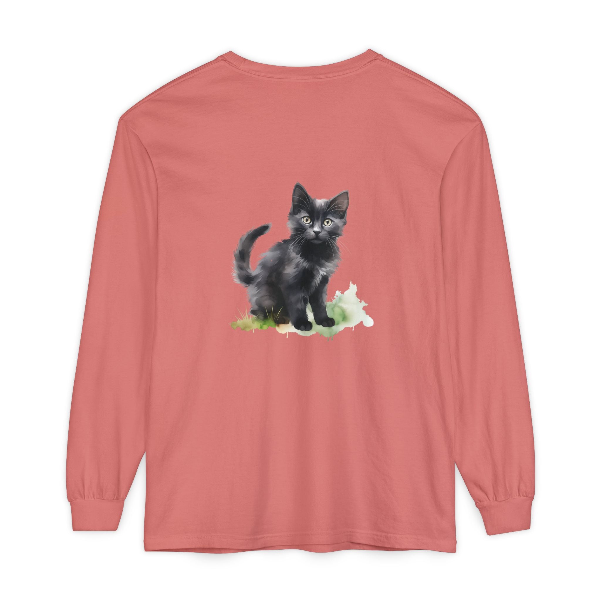 Maglietta a maniche lunghe con gatto nero e acquerello
