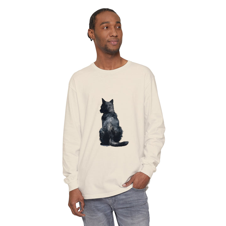 Black Cat Watercolor Long Sleeve T-Shirt featuring a vibrant, hand-painted black cat design on a high-quality, comfortable long sleeve shirt