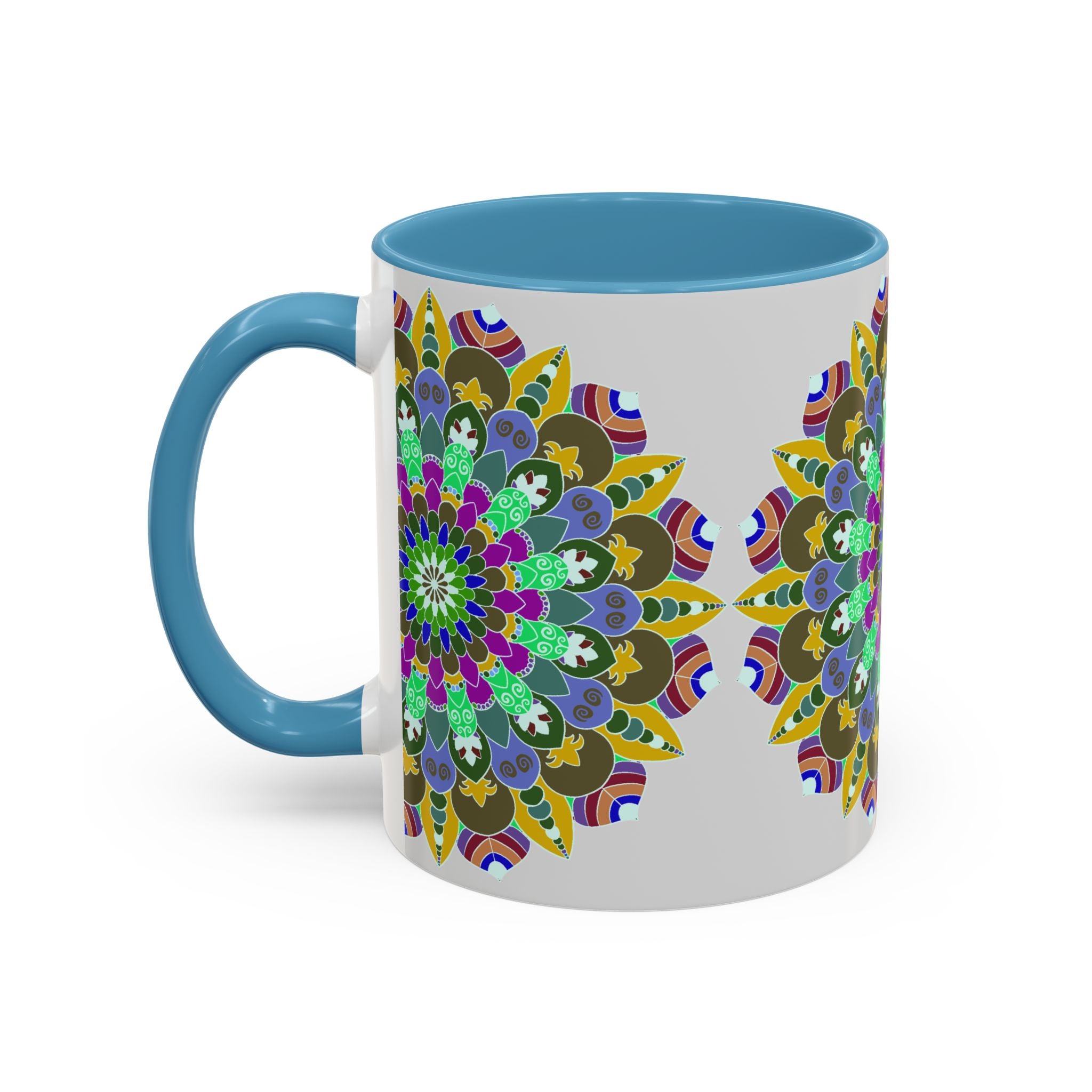 A close-up image of a white ceramic mug with a vibrant and intricate mandala art design, featuring a beautiful array of colors and a serene, calming aesthetic