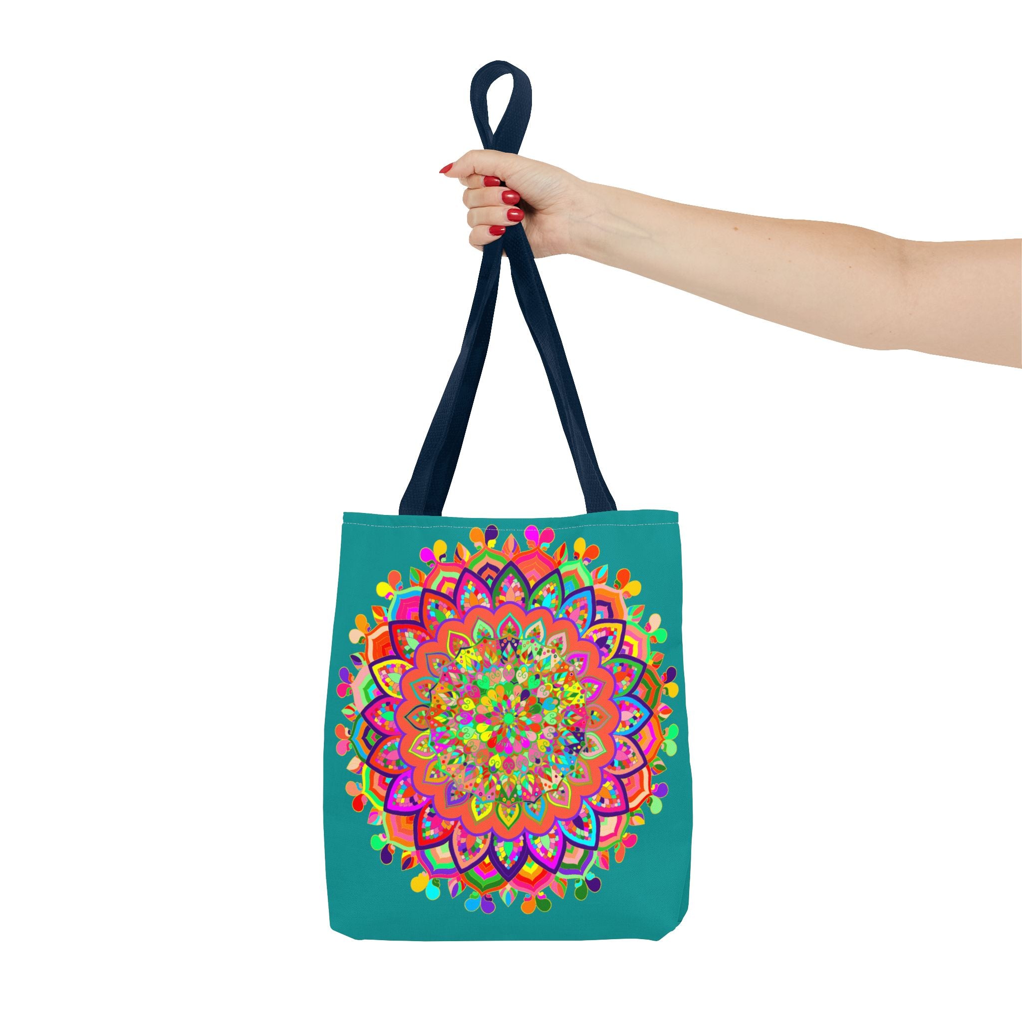 Vibrant aquamarine tote bag featuring intricate mandala art design in various bold colors