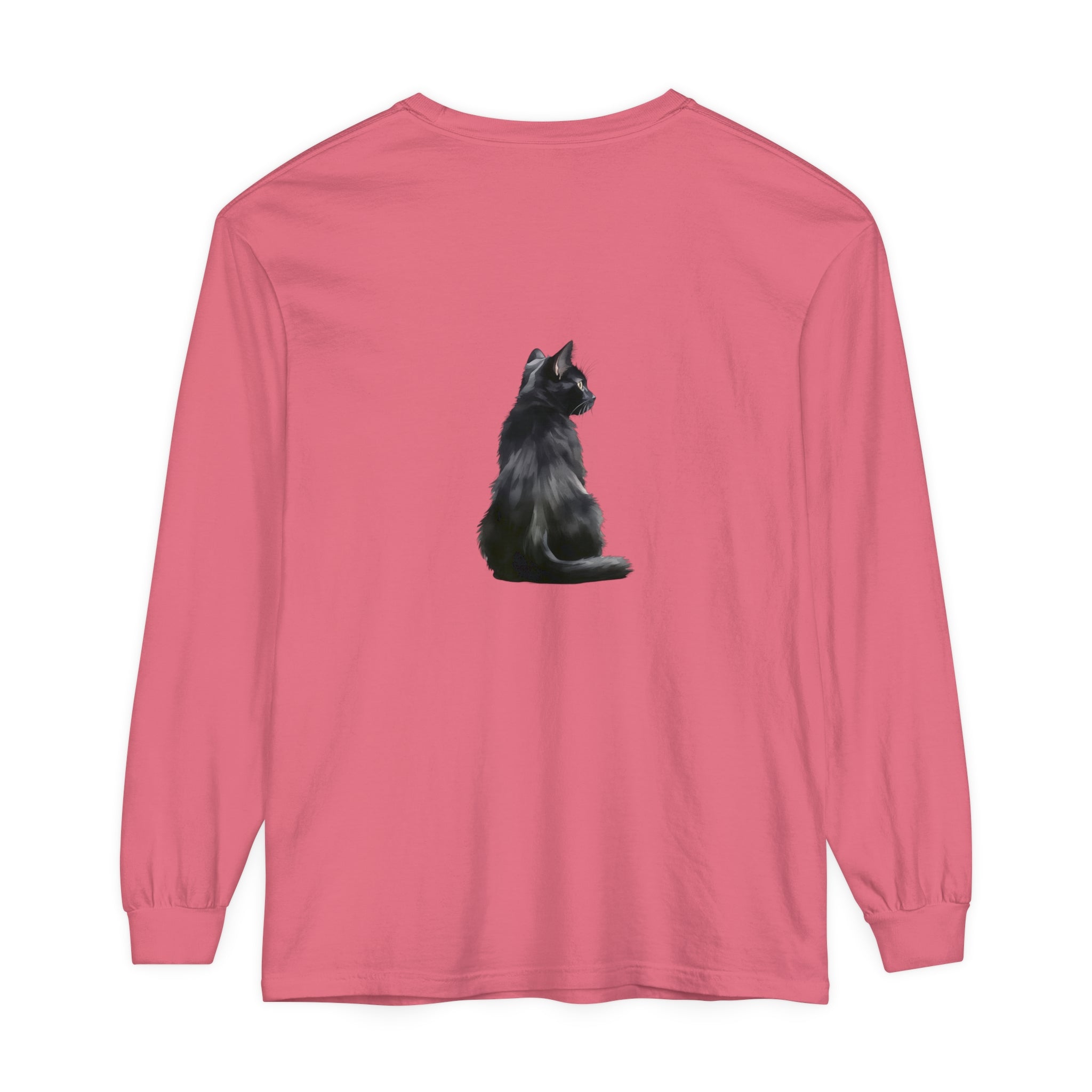 Black Cat Mystique Long Sleeve T-Shirt - a stylish and comfortable top featuring a captivating black cat design against a dark background