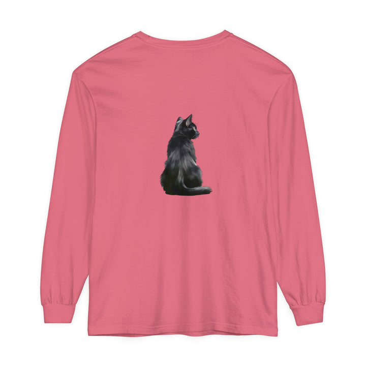 Black Cat Mystique Long Sleeve T-Shirt - a stylish and comfortable top featuring a captivating black cat design against a dark background