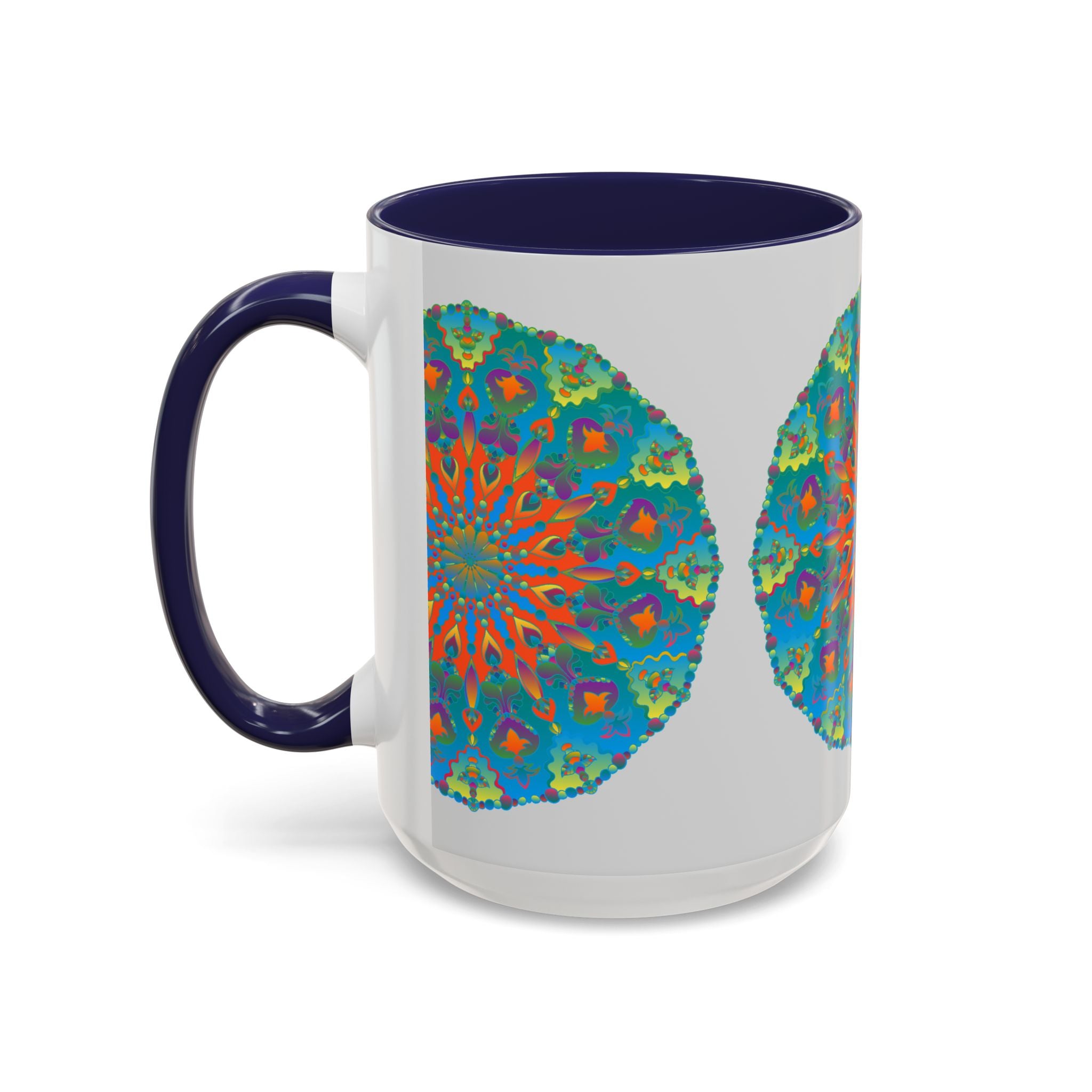 Beautiful mandala art mug with intricate blue and green design, perfect for enjoying your favorite hot beverages in style