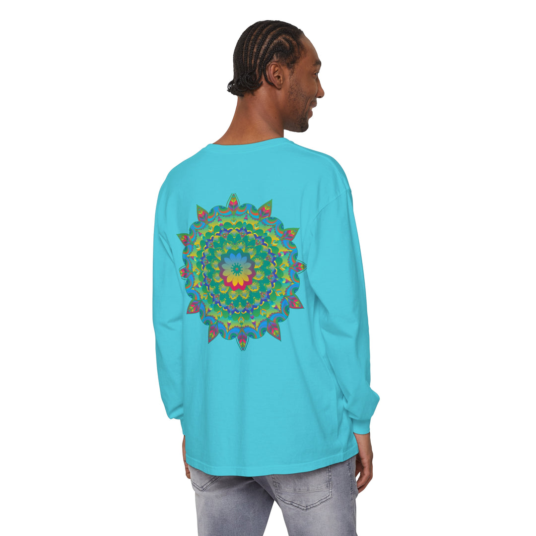 Colorful and intricate psychedelic mandala design featured on long sleeve t-shirt