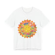A vibrant and detailed mandala design tee in a variety of bright and calming colors, perfect for spreading peace and tranquility