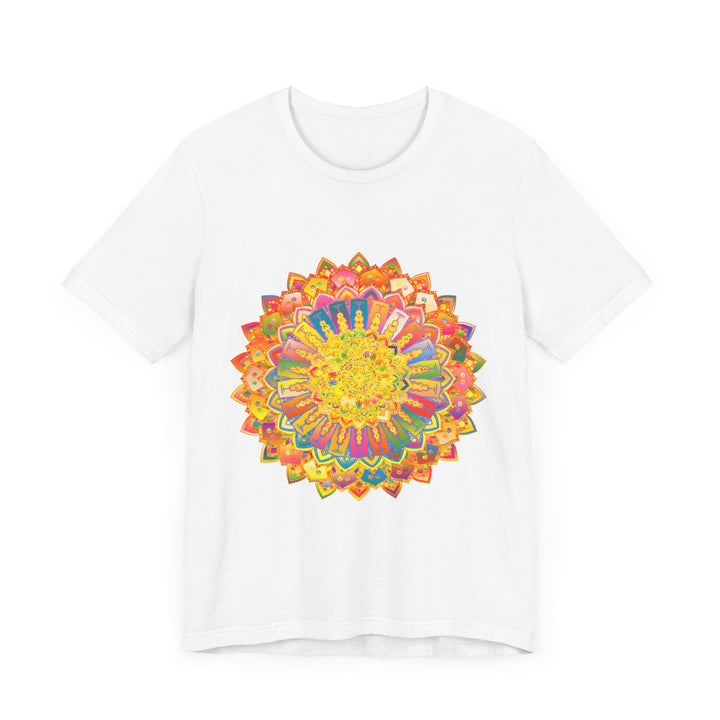 A vibrant and detailed mandala design tee in a variety of bright and calming colors, perfect for spreading peace and tranquility