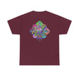 Colorful mandala art design on white unisex heavy cotton tee, perfect for yoga and mindfulness practice
