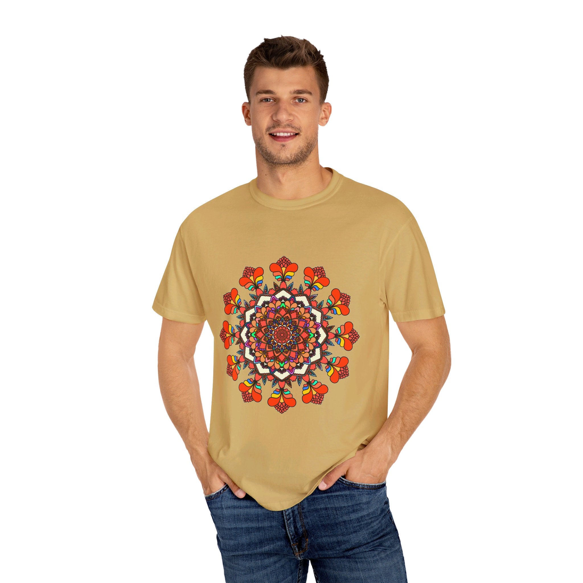 Colorful unisex mandala t-shirt made from 100% ring-spun cotton, hand-drawn mandala art, and garment-dyed for extra comfort