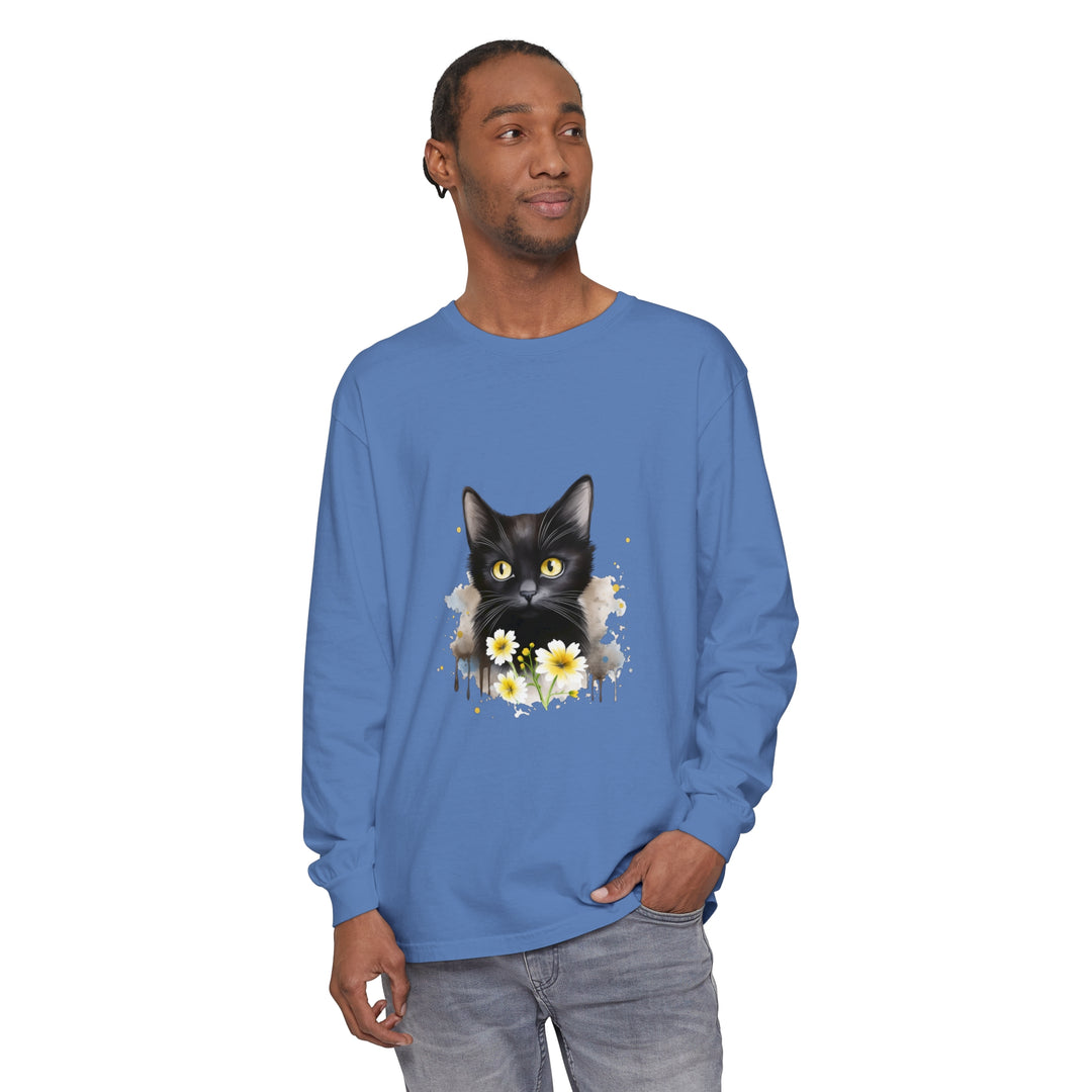 Black Cat Watercolor Floral Unisex T-Shirt with beautiful hand-painted design