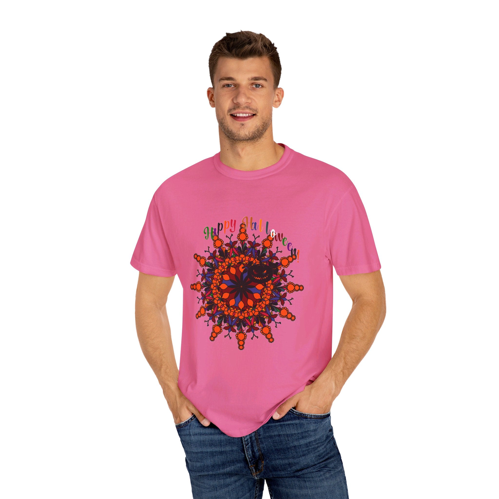 A black unisex t-shirt featuring a handmade pumpkin mandala art design