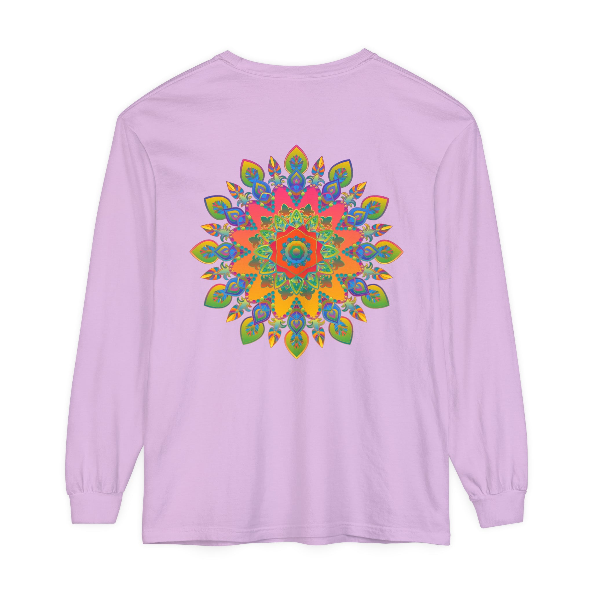 Vibrant mandala unisex long sleeve t-shirt featuring intricate and colorful design