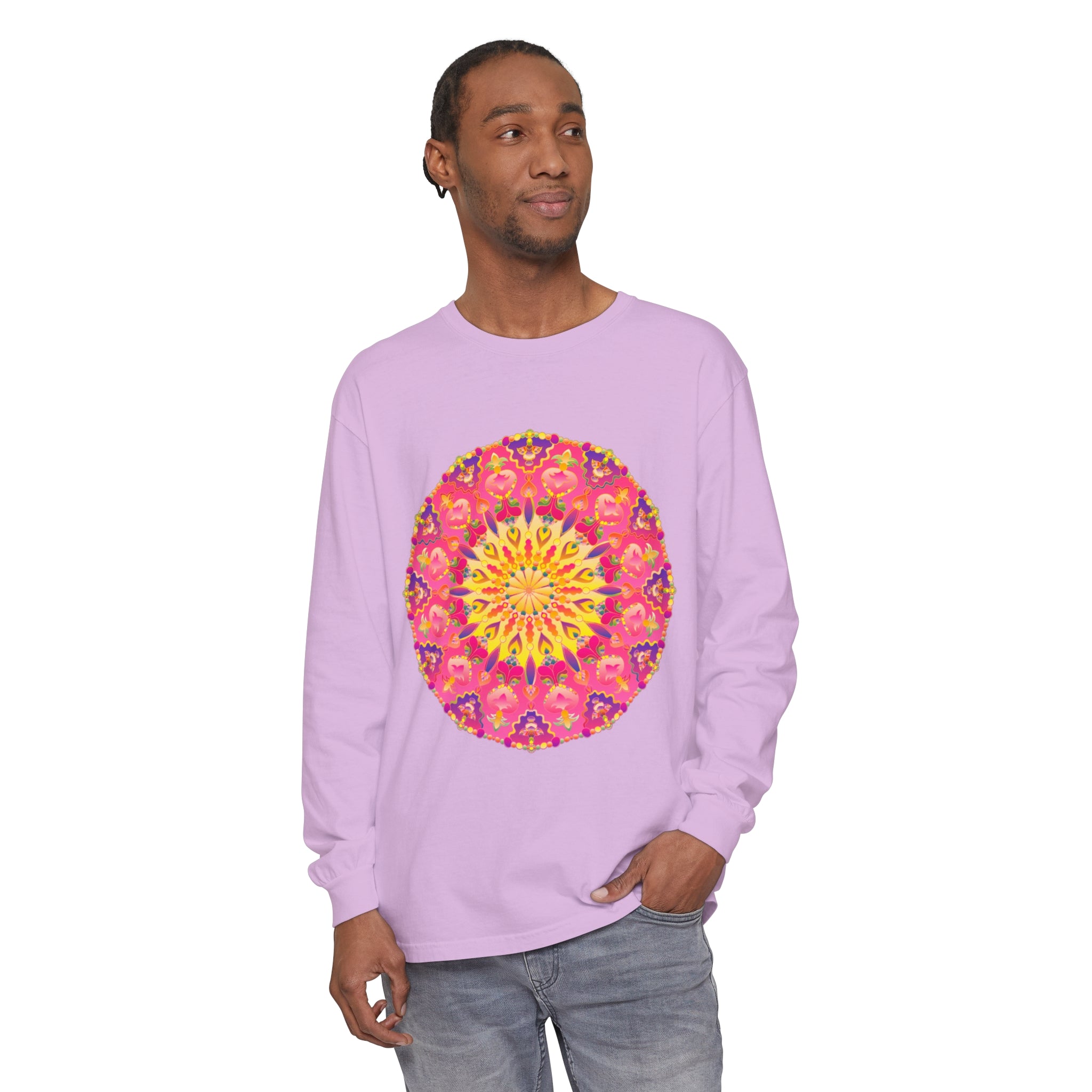 Colorful and intricate mandala design on a unisex long sleeve t-shirt